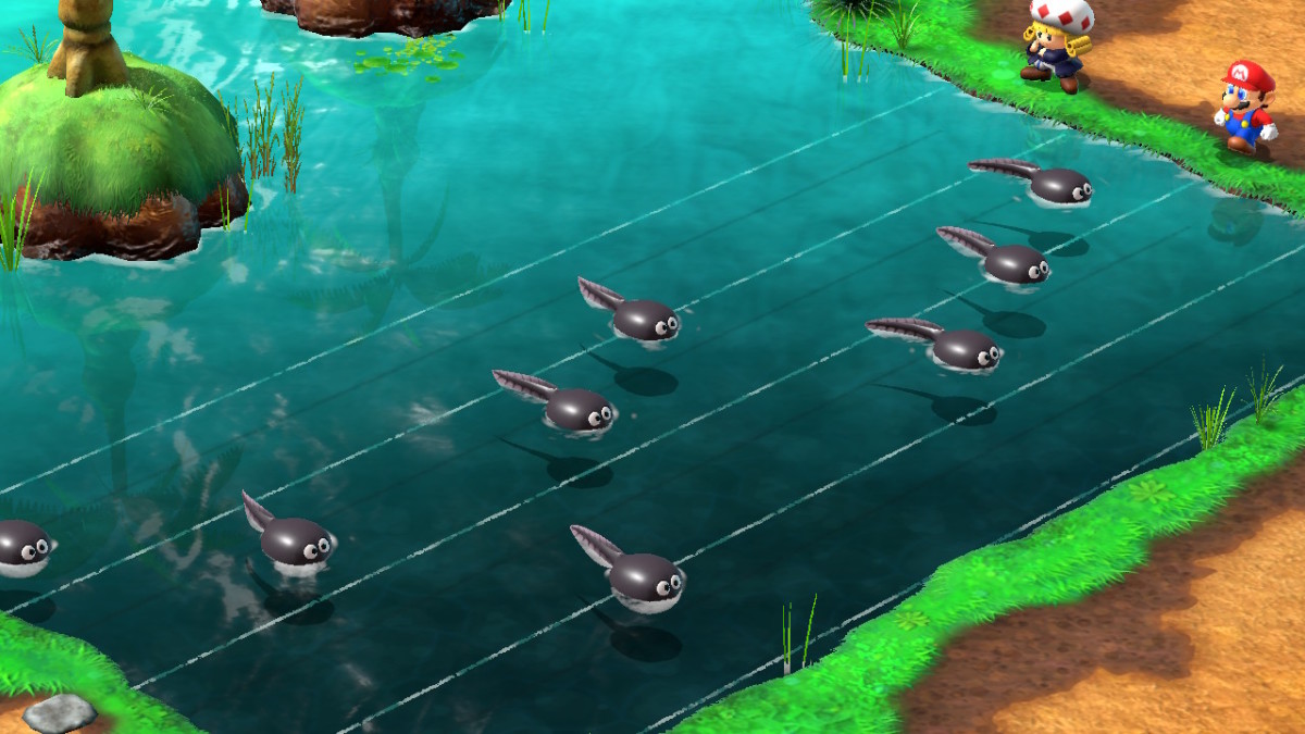 Tadpoles lined up against a music staff in Super Mario RPG.
